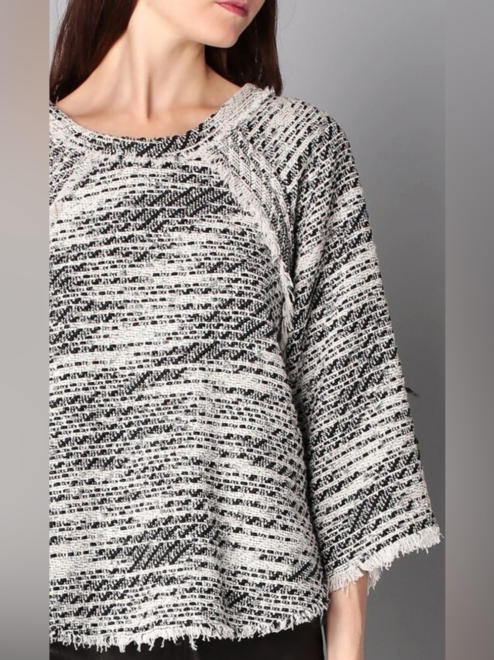 IRO‎ LICIA Frayed Tweed Knit Top 3/4 Sleeve Fringe Sweater Cotton Blend Gray 40